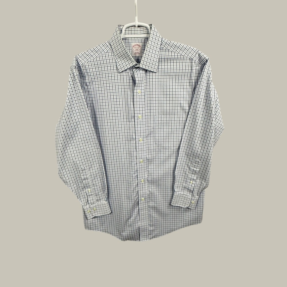 Brooks Brothers 346 Mens Non-Iron Cotton Dress Shirt Blue White Check 15.5 32/33